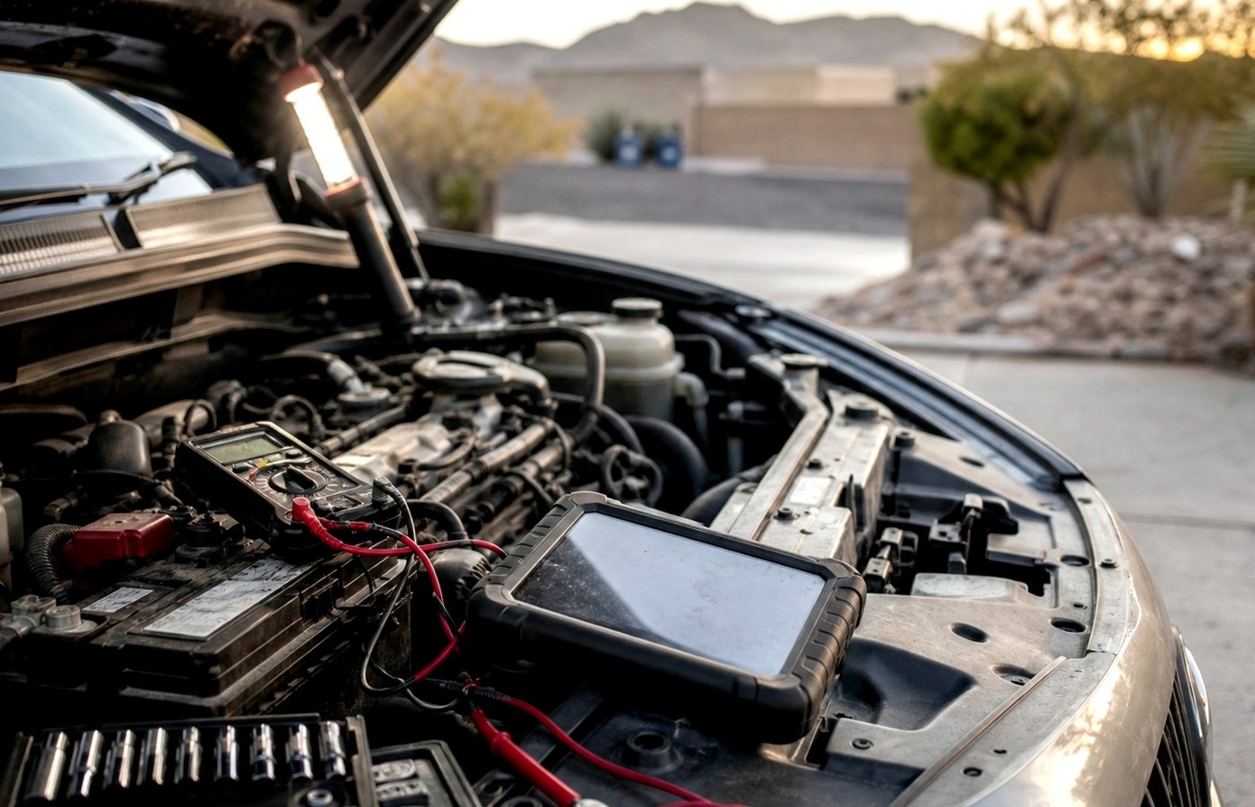 Meter and scan tool across a battery at a Chattanooga charging system check